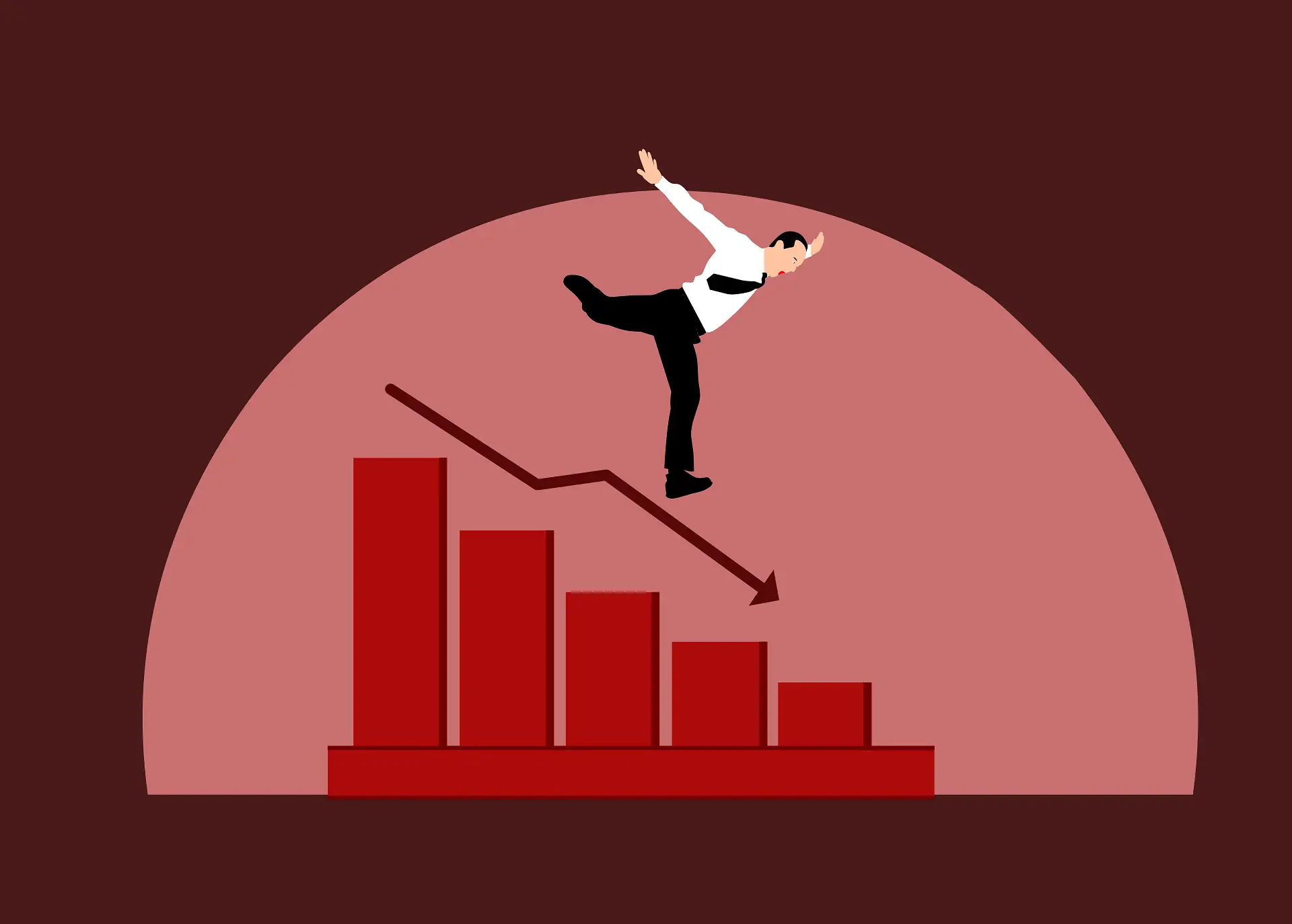 Illustration ng lalaking nahuhulog sa pulang bar chart sa madilim na pulang background