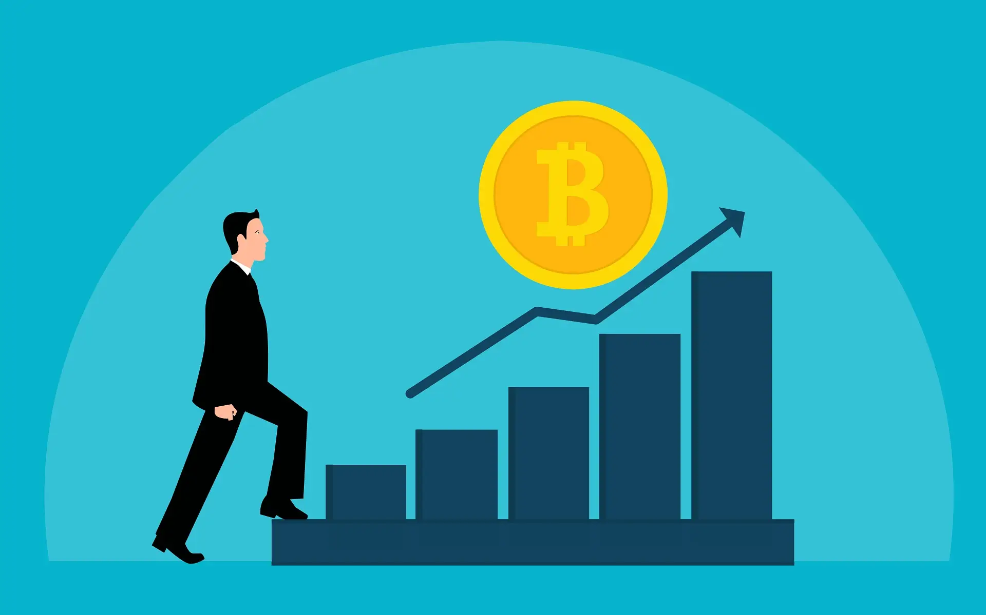 Illustration ng isang negosyanteng umaakyat sa tumataas na bar chart papunta sa Bitcoin coin