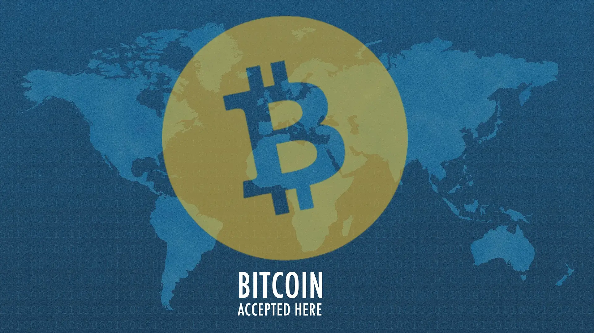 Simbolo ng Bitcoin sa ibabaw ng world map na may nakasulat na Bitcoin accepted here