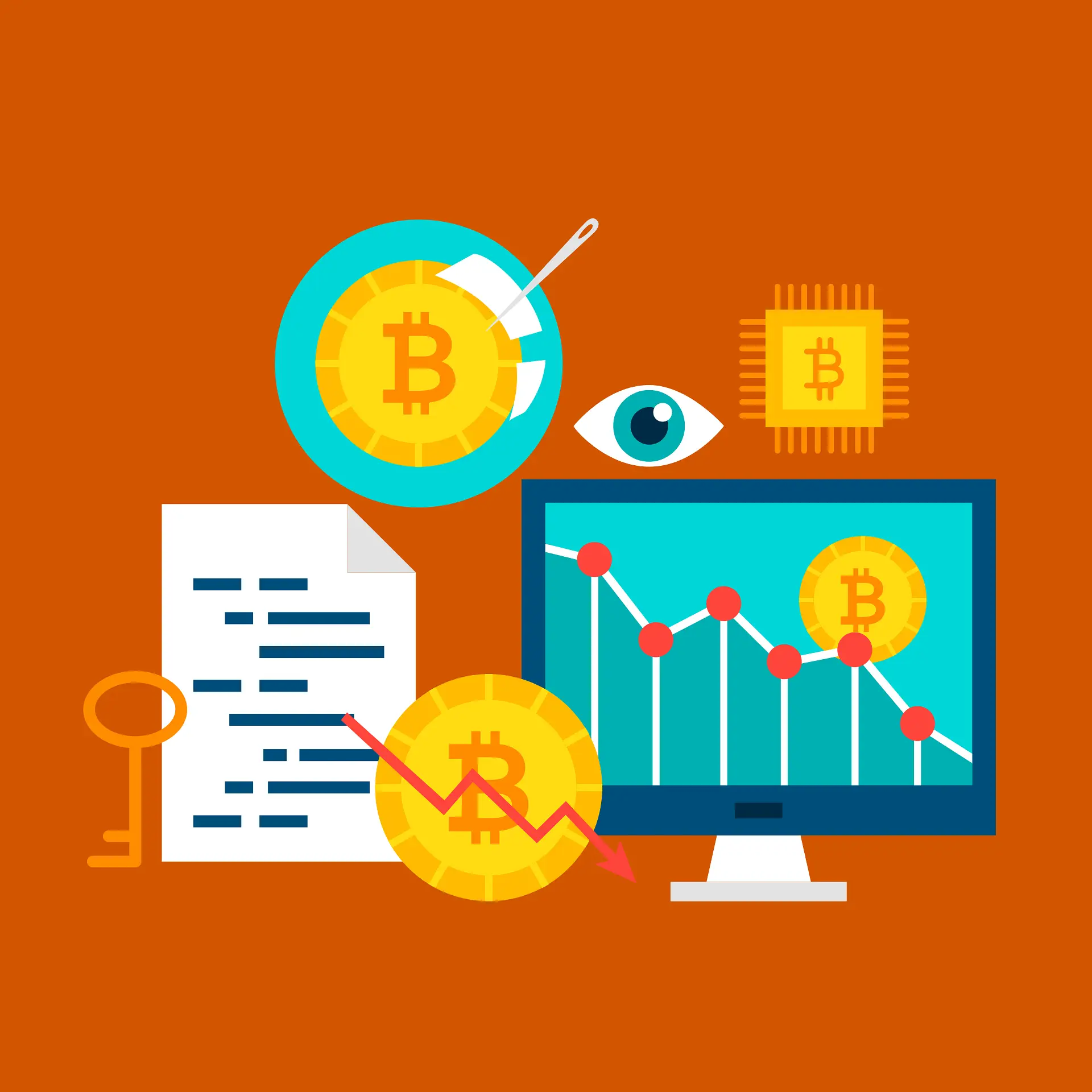 Illustration sa orange na background na may Bitcoin coin, dokumento, susi at monitor na may chart
