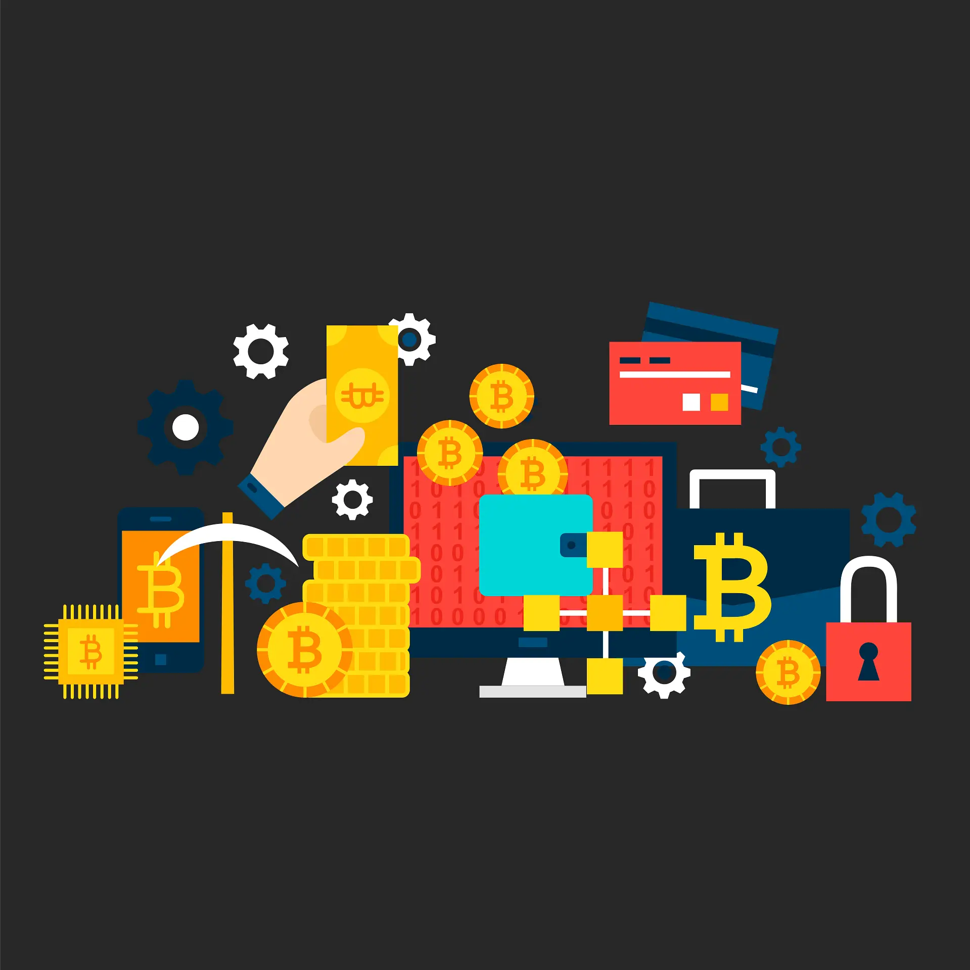 Illustration ng crypto coins, wallet, padlock at trading screen