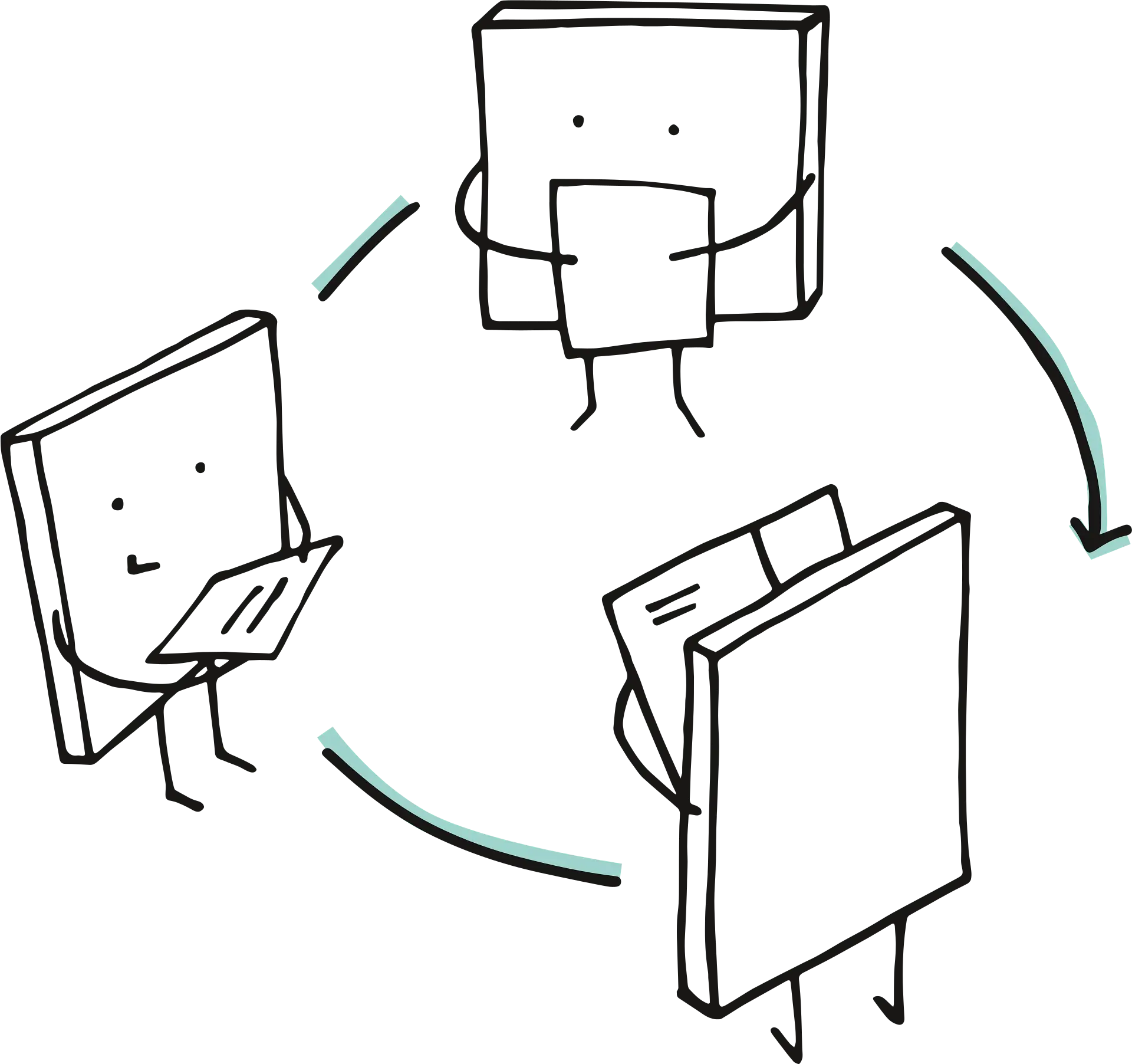Hand-drawn na illustration ng mga kahon na nagpapasahan ng dokumento nang paikot