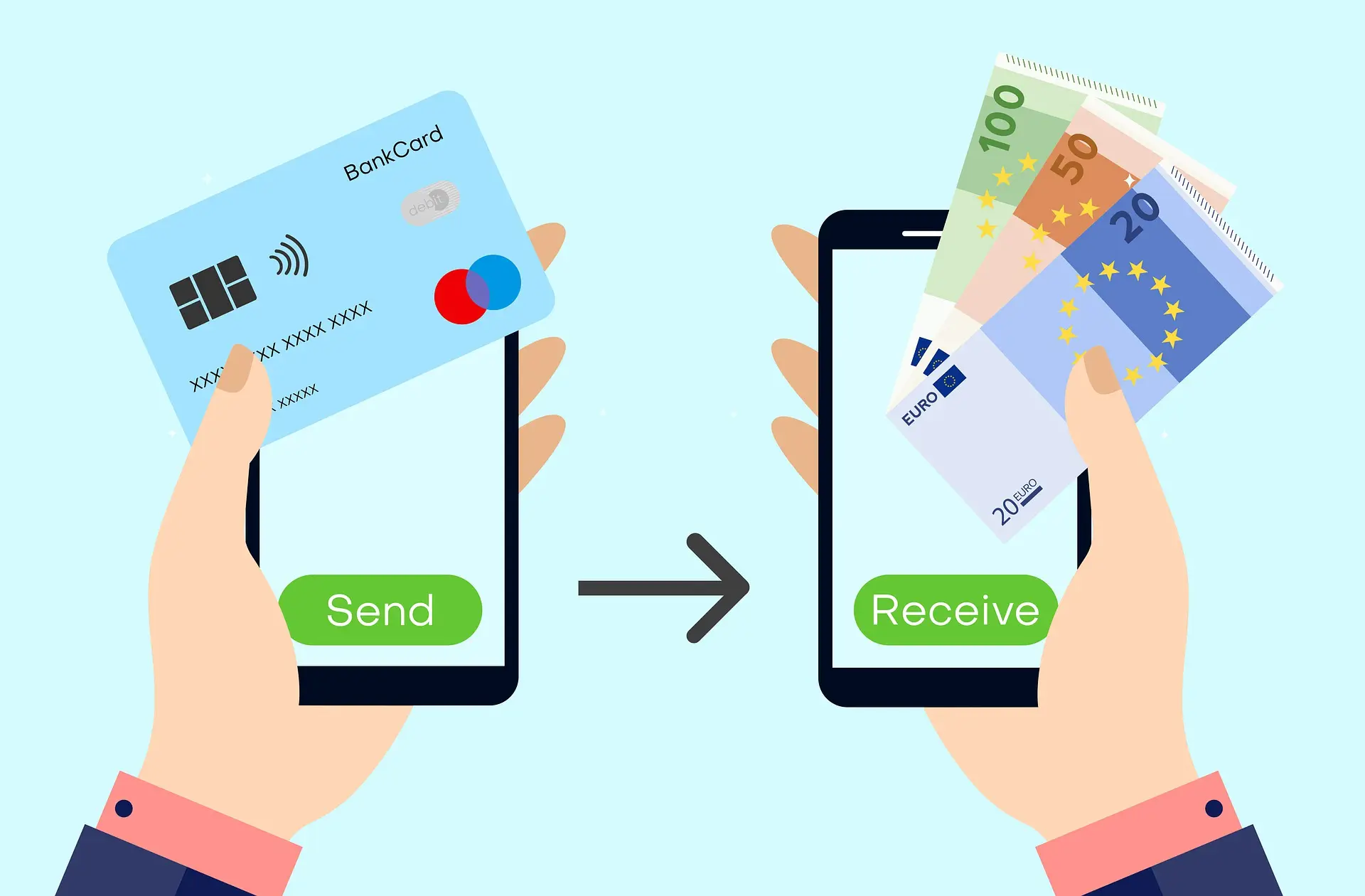 Dalawang phone, ang isa ay nagpapakita ng card payment na ipinapadala at ang isa ay cash na natanggap